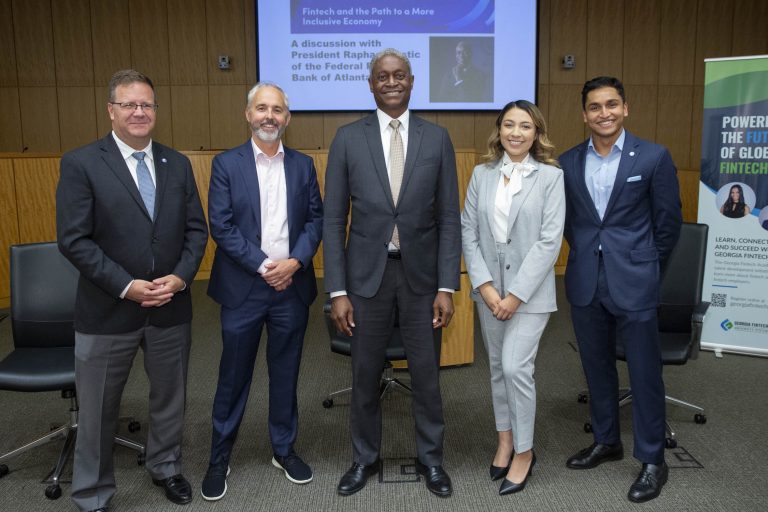 Raphael Bostic speaking with Georgia Fintech Academy students during a campus discussion on economic leadership.